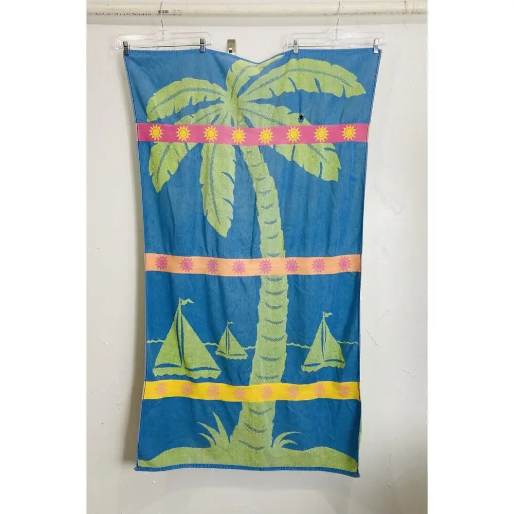 Vtg Beach Towel Palm Tree Sailboats Santens Cotton USA Large Green Blue Sunshine
